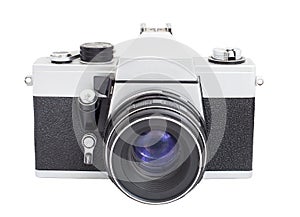 SLR camera on film 35mm format with lens isolated on a white background