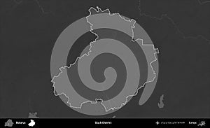 Sluck District highlighted, Belarus. Grayscale