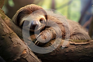 Sluggish Sleeping sloth on branch. Generate Ai