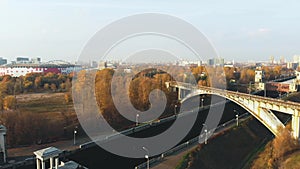 Sluice Gates on the River. Aerial view barge, ship in the river gateway. River sluice construction, water river gateway