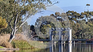 The Sluice gates Torrens Weir across the River Torrens in Adelaide South Australia on July 23rd 2023