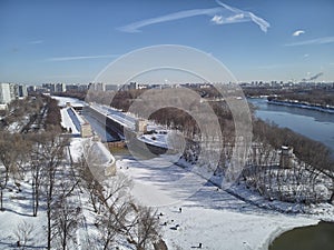 Sluice number 10 on the Moscow river in kolomenskoe district, aerial view, winter drone