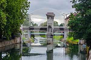 Sluice on the River Ljubljanica, Ljubljana, Slovenia was designed by famous architect Joze Plecnik....IMAGE