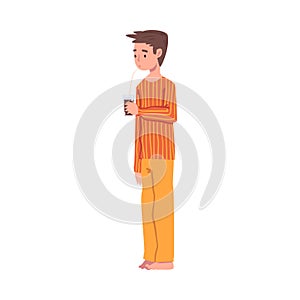 Slumber Party, Cute Boy in Pajamas Drinking Soda Drink with Straw Cartoon Style Vector Illustration