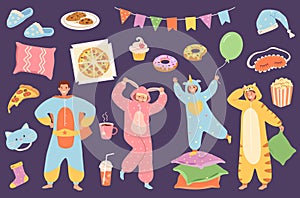 Slumber party. Smiling People in pajama onesies or kigurumi, festive pillow night cartoon vector illustration set photo