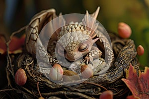 Slumbering baby dragon in autumn nest