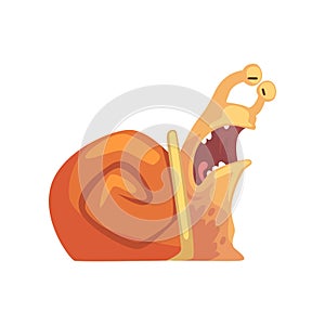 Slumbering funny snail yawning, cute comic mollusk character cartoon vector Illustration