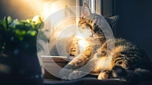 Slumbery cat lying on the windowsill in golden sunshine