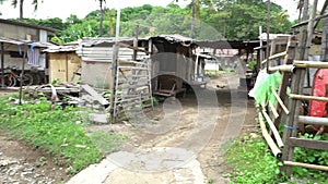 Slums with dump full of garbage poverty travel to asia, misery blighted area, poor living conditions streets