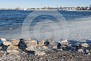 Slushy ice pushed by cold wind