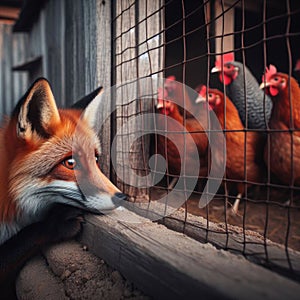 Sly fox is held back by wire fencing at chicken coup