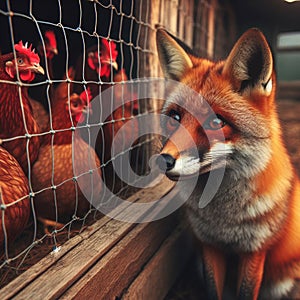 Sly fox is held back by wire fencing at chicken coup