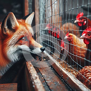 Sly fox is held back by wire fencing at chicken coup