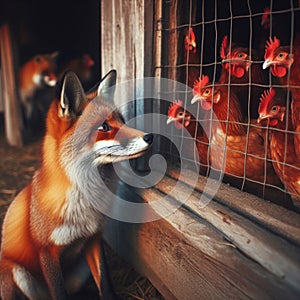 Sly fox is held back by wire fencing at chicken coup