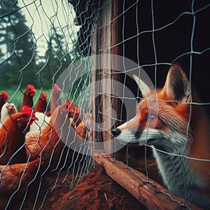 Sly fox is held back by wire fencing at chicken coup