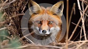 Sly fox peeking out from his den created with Generative AI