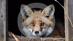 Sly fox peeking out from his den created with Generative AI