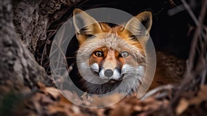 Sly fox peeking out from his den created with Generative AI