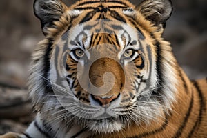 A sly sabertoothed tiger its eyes narrowed in a calculating stare.. AI generation