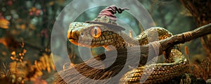 A sly snake coiled around a broomstick, wearing a tiny witch hat, with a mysterious forest in the