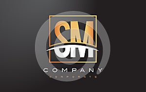 SM S M Golden Letter Logo Design with Gold Square and Swoosh. photo
