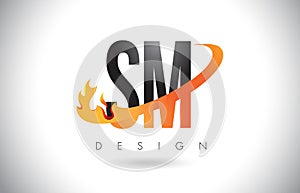 SM S M Letter Logo with Fire Flames Design and Orange Swoosh. photo