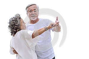Smaile and Happy asian senior retired couple, relax smiling elder man and woman enjoying with retired vacation on white background