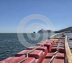 A smal life raft floating on the sea