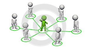 Small 3D people - green leader in the middle connected with the group - team management and community concept