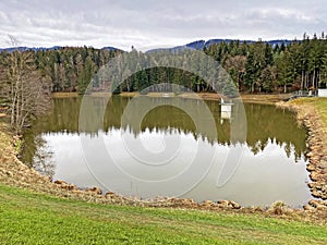 A small accumulation lake Teufenbachweier or Teifebachweiher pond above the canyon of the river Sihl, SchÃÂ¶nenberg Schoenenberg photo