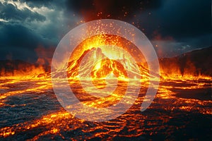 A small active volcano spews lava and fire, creating a dark explosion. volcanology magma. photo