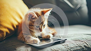 a small adorable kitten gazing curiously at a tablet with its tiny paws, evoking a heartwarming scene of domestic