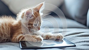 a small adorable kitten gazing curiously at a tablet with its tiny paws, evoking a heartwarming scene of domestic