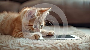 a small adorable kitten gazing curiously at a tablet with its tiny paws, evoking a heartwarming scene of domestic