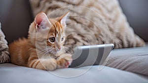 a small adorable kitten gazing curiously at a tablet with its tiny paws, evoking a heartwarming scene of domestic