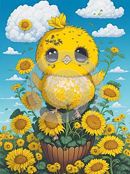 Small adorable yellow baby chick on sunflowers