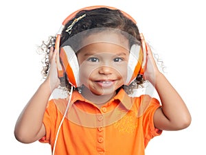 Small afro american girl with bright orange headphones