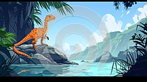 A small agile dinosaur delicately balanced on a rocky outcrop in the middle of a tidal pool carefully choosing its next