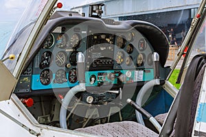 Small aircraft control panel, detail of the cabin. Small plane cockpit