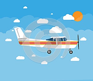 Small airplane in air with sky, clouds and sun