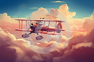 Small airplane flying through cloudy sky above clouds in the sky. Generative AI