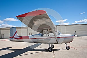 Small airplane in front of hangars