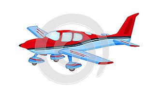 Small airplane isolated on white background. Red and blue personal plane with chassis.