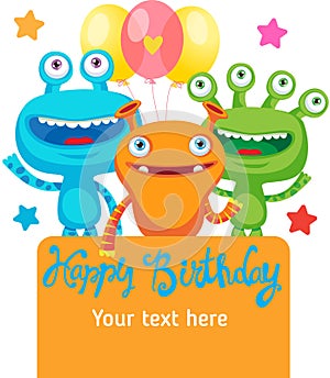 Small Alien Creature. Monster Party Invitation Card Design With Place For Text.