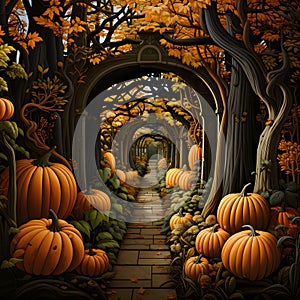 A small alley in the garden all around pumpkins vines trees leaves. Pumpkin as a dish of thanksgiving for the harvest