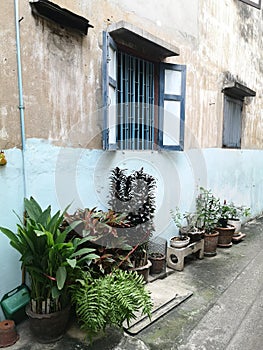 Small alleyways in Bangkok old district Talat Noi Charoen Krung.