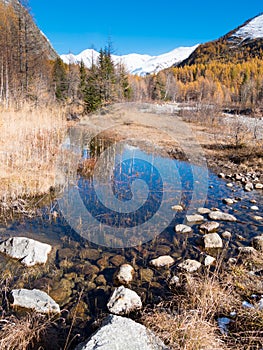 Small alpine mountain pond in fall - Val Ferret, Courmayer