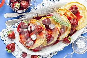 Small American Pancakes with Strawberry and Raspberry