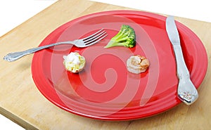 A small amount of food on a dinner plate