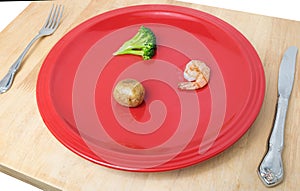 A small amount of food on a dinner plate